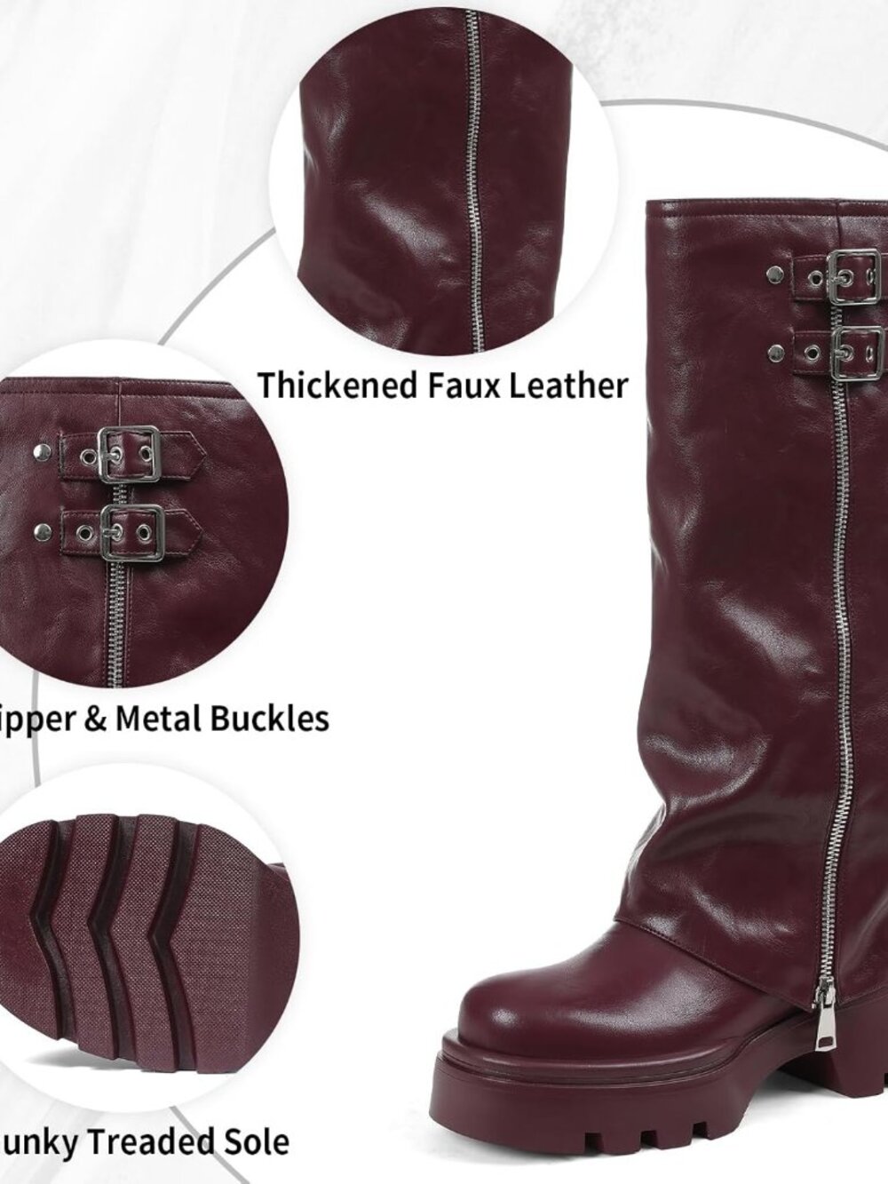 Women's Red Knee High Boots Foldover Wide Calf Pull on Cute Chunky Platform - Picture 5 of 6